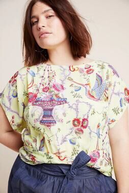 Anthropologie Maeve 100% Silk Garden Floral Birds Blouse Multicolored Size 14